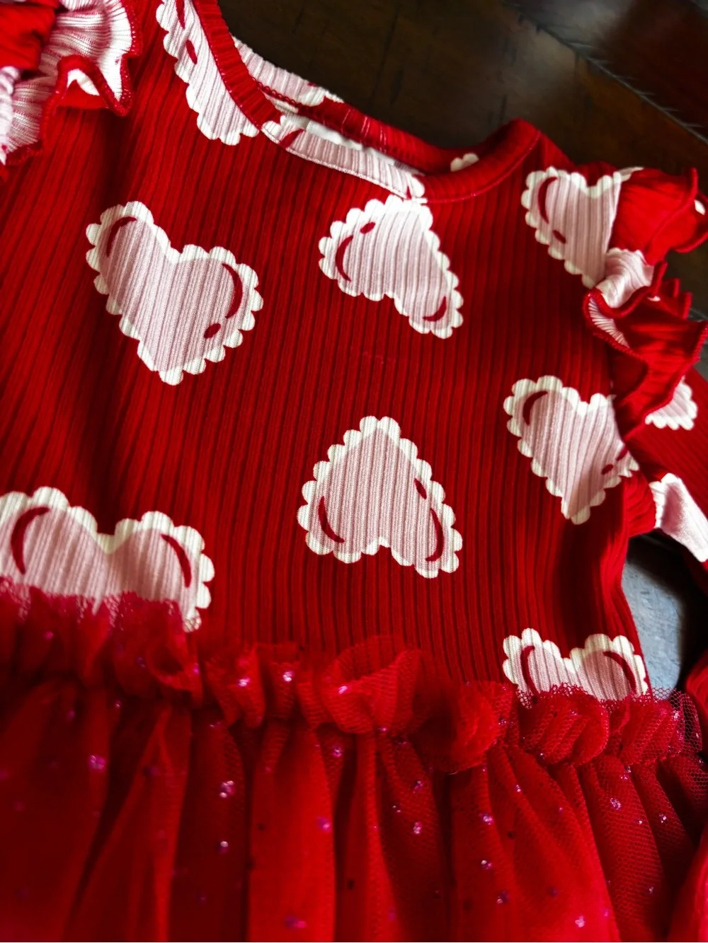 Girls' Red Heart Print Tulle Dress